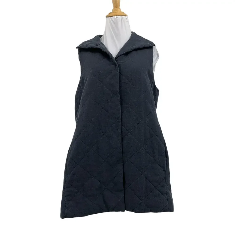 Eileen Fisher Jacket Womens Extra Small Charcoal Stand Collar Crepe Quilted Vest